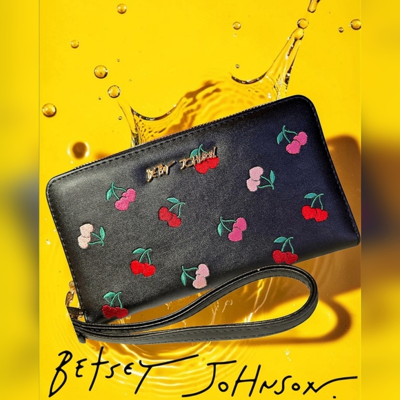 Betsey Johnson Handbags - NEW Betsey Johnson Black & Cherries Embroidered Wallet Wristlet Zip Around NWT
